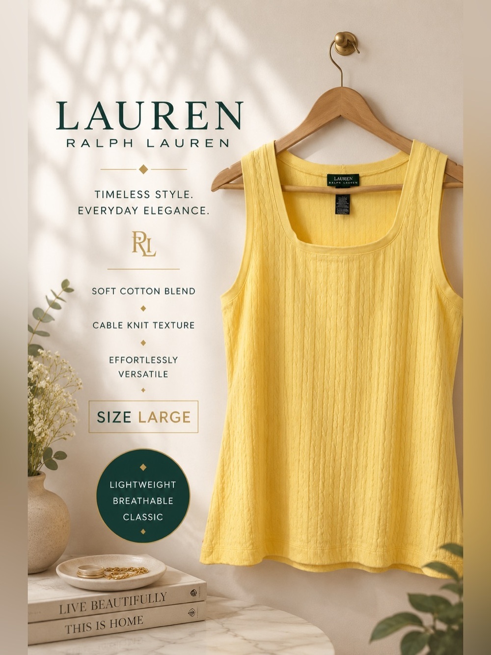 Lauren Ralph Lauren Cable Knit Textured Sleeveless Tank Top Yellow Size Large